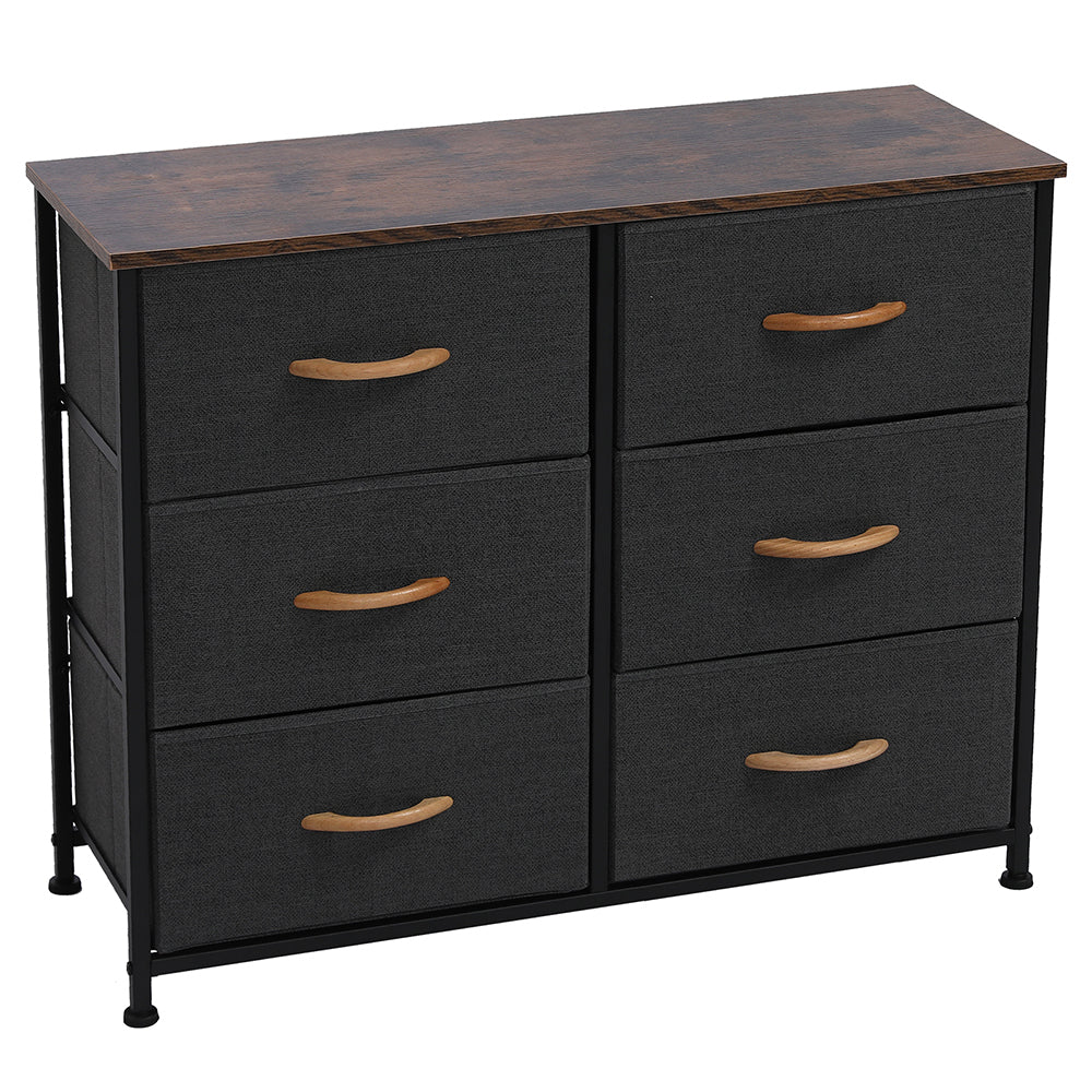 3-Tier Wide Dresser with 6 Easy Pull Fabric Drawers, Metal Frame, and Wooden Top, Gray