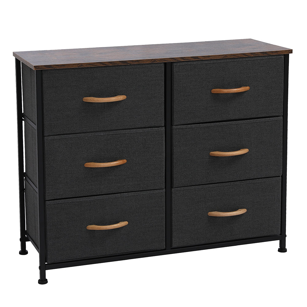 3-Tier Wide Dresser with 6 Easy Pull Fabric Drawers, Metal Frame, and Wooden Top, Gray