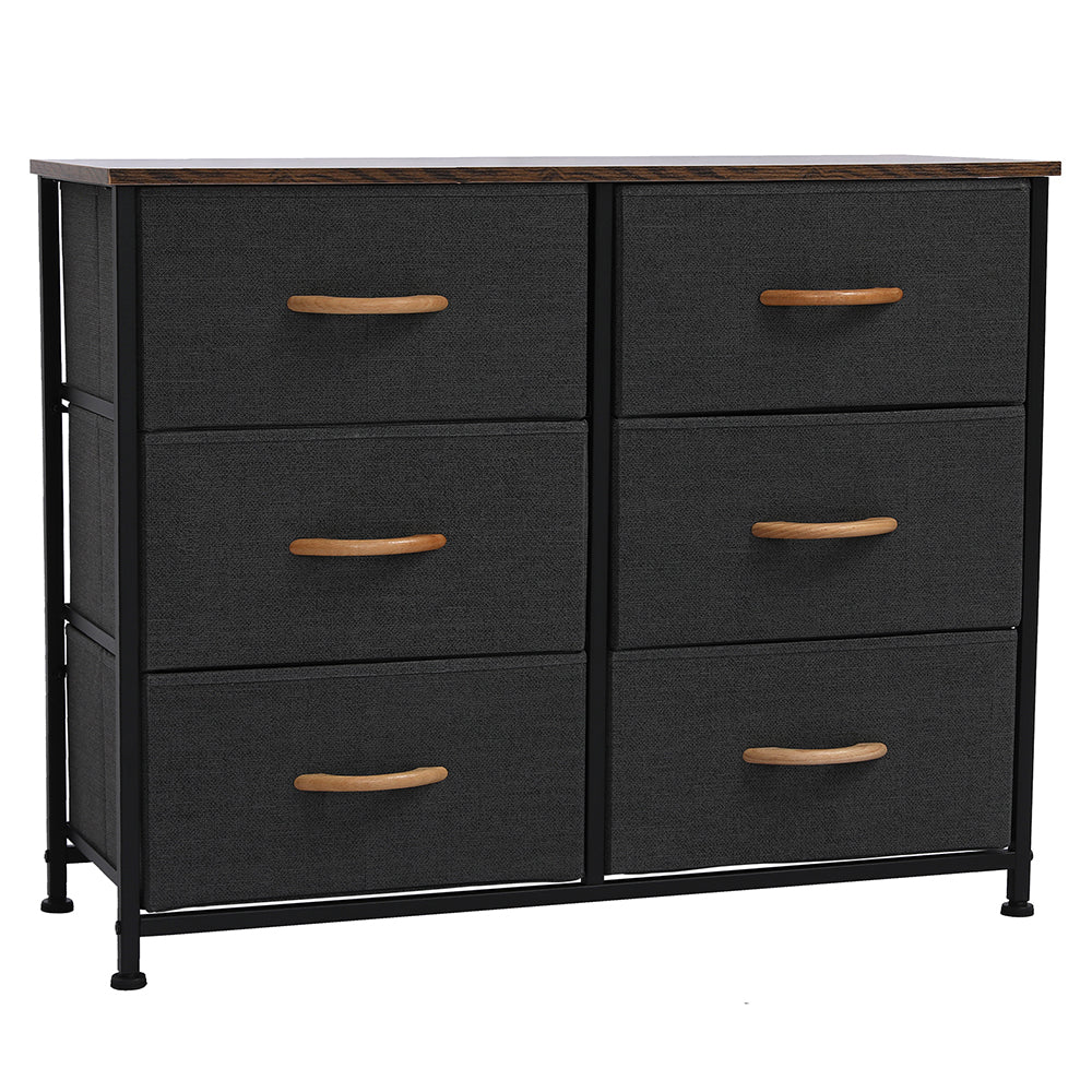 3-Tier Wide Dresser with 6 Easy Pull Fabric Drawers, Metal Frame, and Wooden Top, Gray