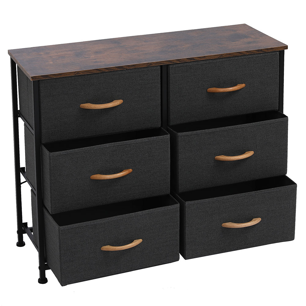 3-Tier Wide Dresser with 6 Easy Pull Fabric Drawers, Metal Frame, and Wooden Top, Gray