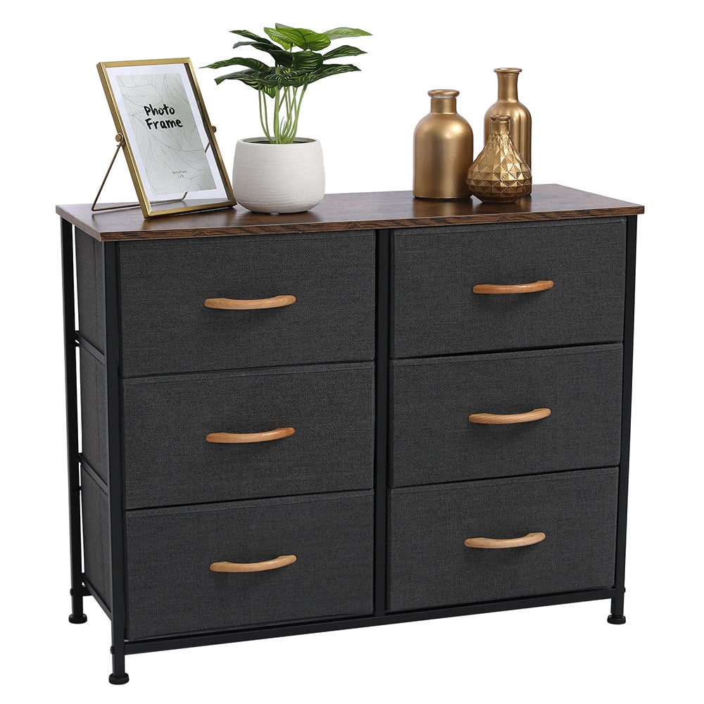 3-Tier Wide Dresser with 6 Easy Pull Fabric Drawers, Metal Frame, and Wooden Top, Gray