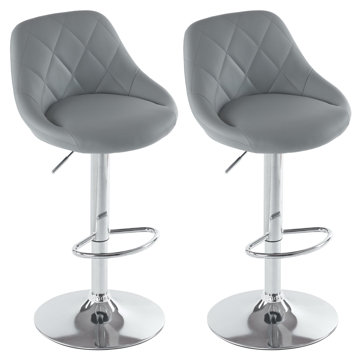 Set of 2 Counter Bar Stools, PU Leather Bar Stool, Adjustable Lift Height Swivel Stool with Comfortable Backrest - Gray