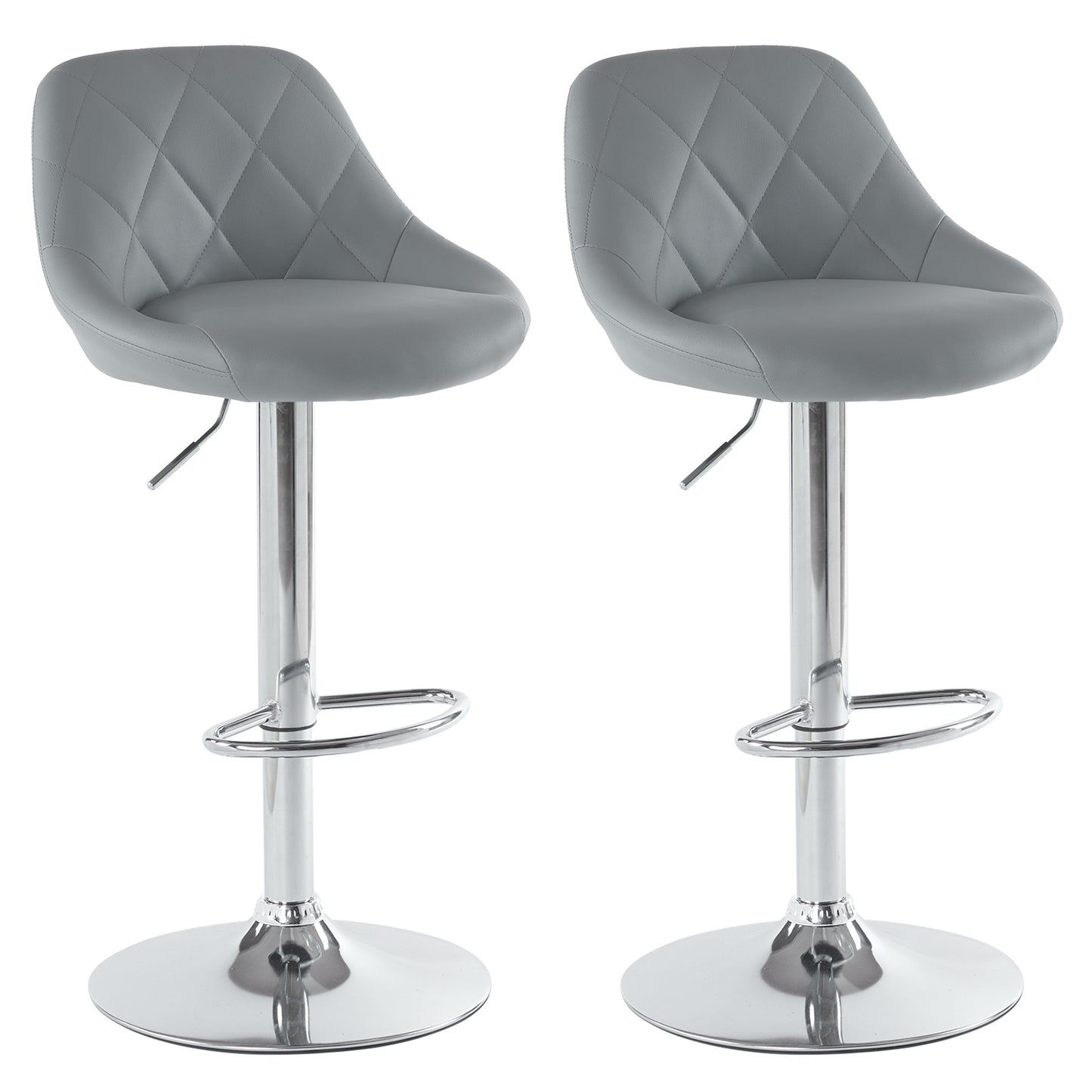Set of 2 Counter Bar Stools, PU Leather Bar Stool, Adjustable Lift Height Swivel Stool with Comfortable Backrest - Gray