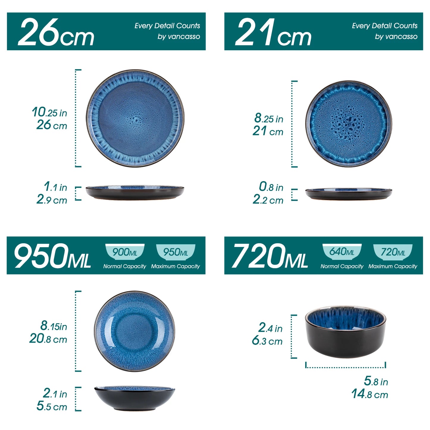 18/24PCS Black / Mediterranean Blue Ceramic Plate Sets