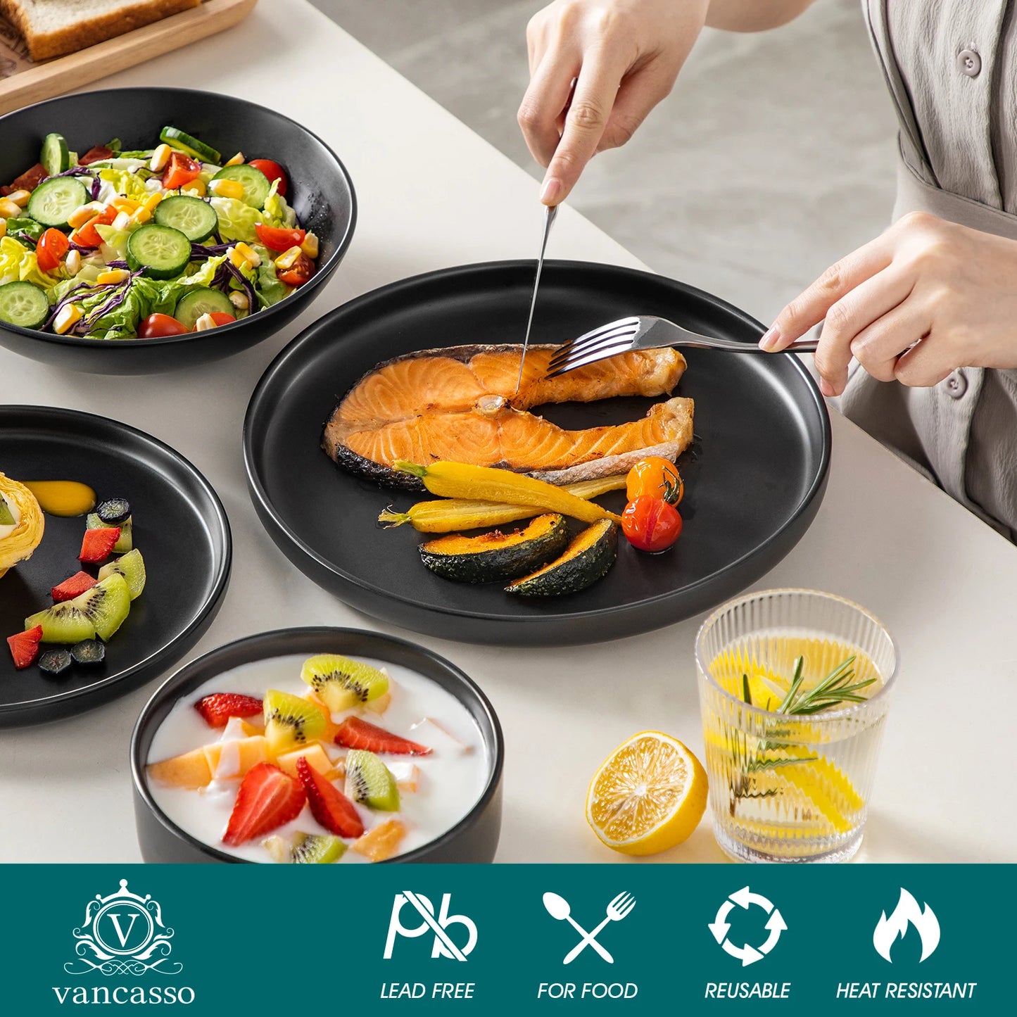 18/24PCS Black / Mediterranean Blue Ceramic Plate Sets