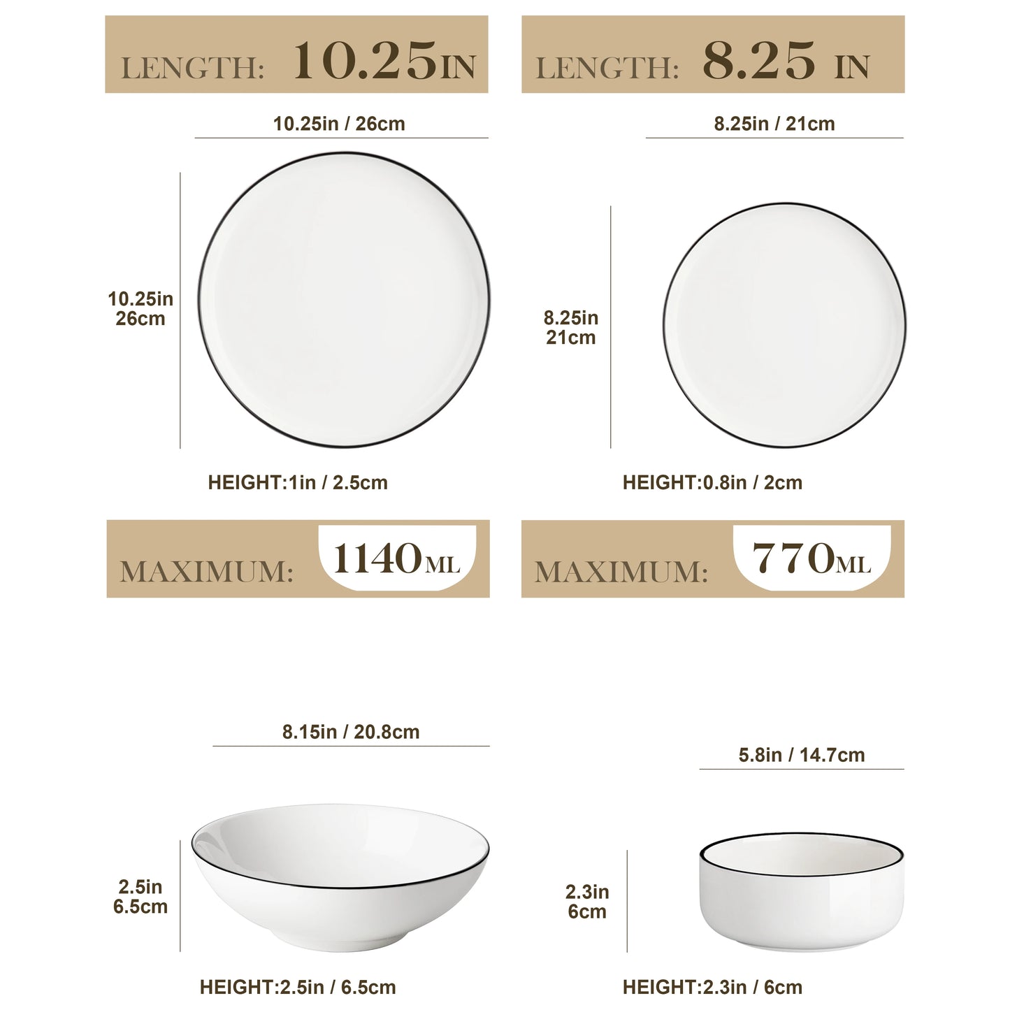 24/48 Piece Ceramic Plates with Black Rim Porcelain Dinnerware Set
