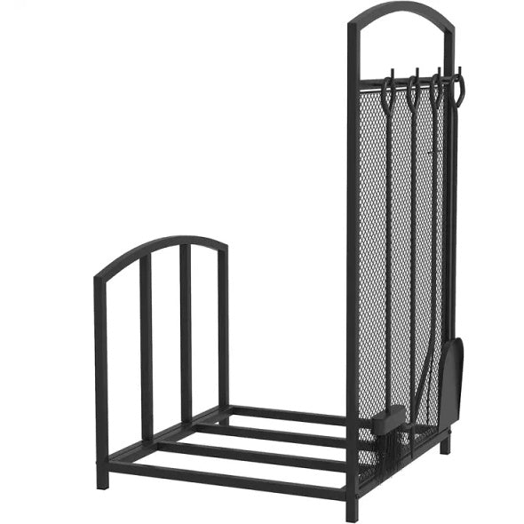 Black Firewood Rack with Fireplace Tools