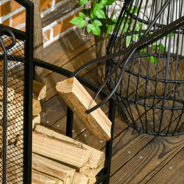 Black Firewood Rack with Fireplace Tools