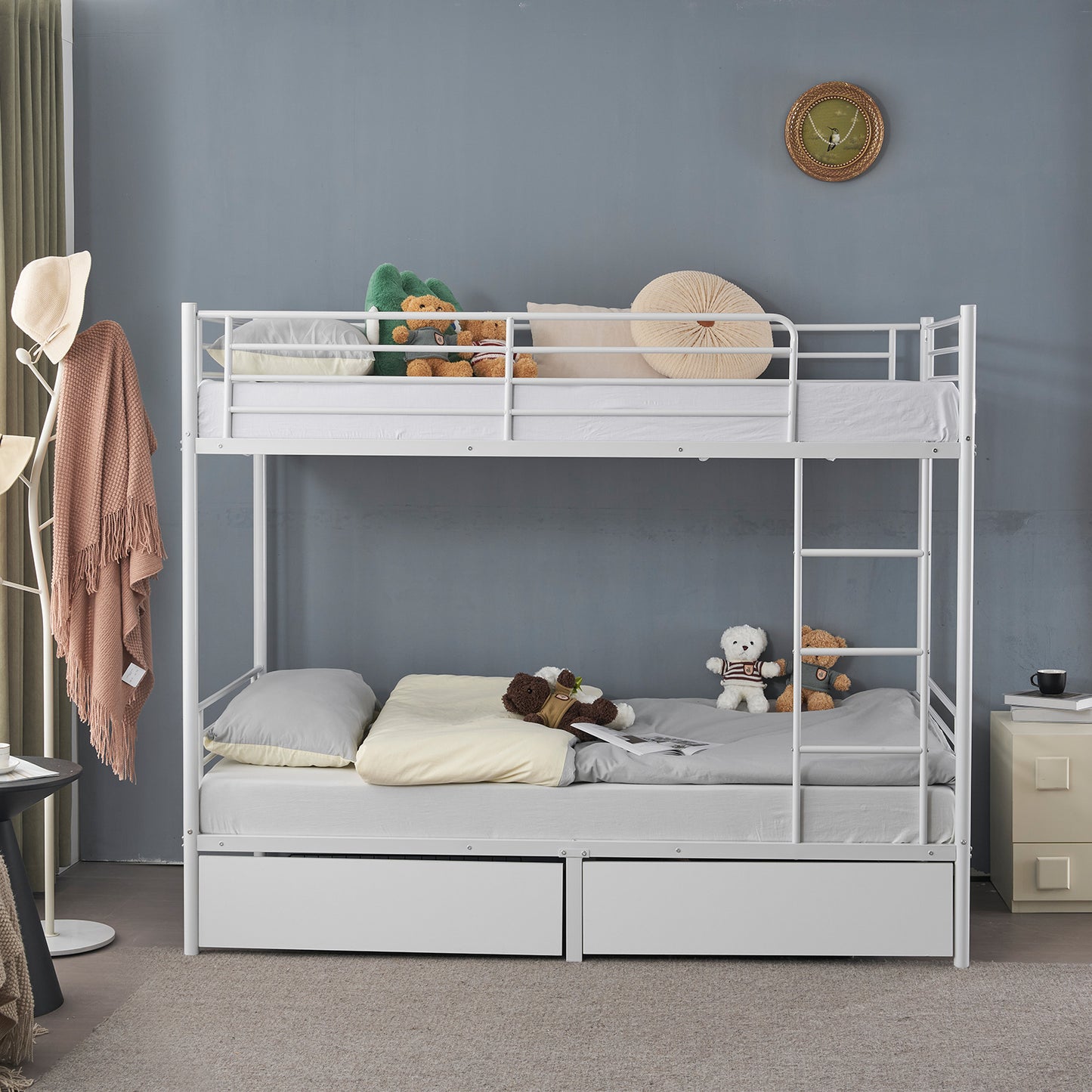 Twin Over Twin Bunk Bed with Two Storage Drawers & Full-Length Guard Rail, Heavy Duty Metal Bunk Bed for Kids Teens Adults, White