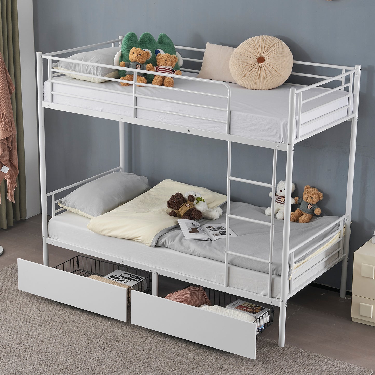 Twin Over Twin Bunk Bed with Two Storage Drawers & Full-Length Guard Rail, Heavy Duty Metal Bunk Bed for Kids Teens Adults, White