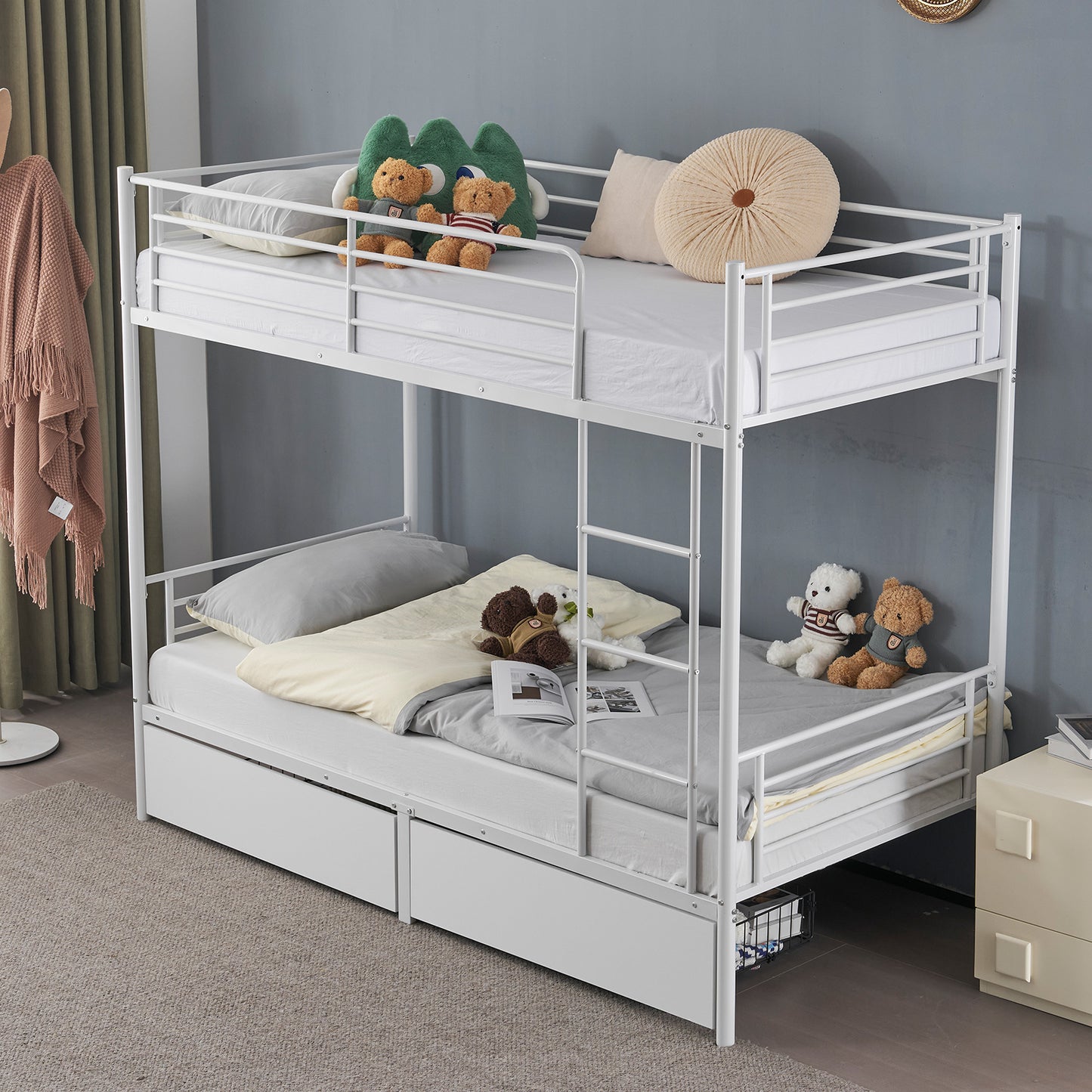 Twin Over Twin Bunk Bed with Two Storage Drawers & Full-Length Guard Rail, Heavy Duty Metal Bunk Bed for Kids Teens Adults, White