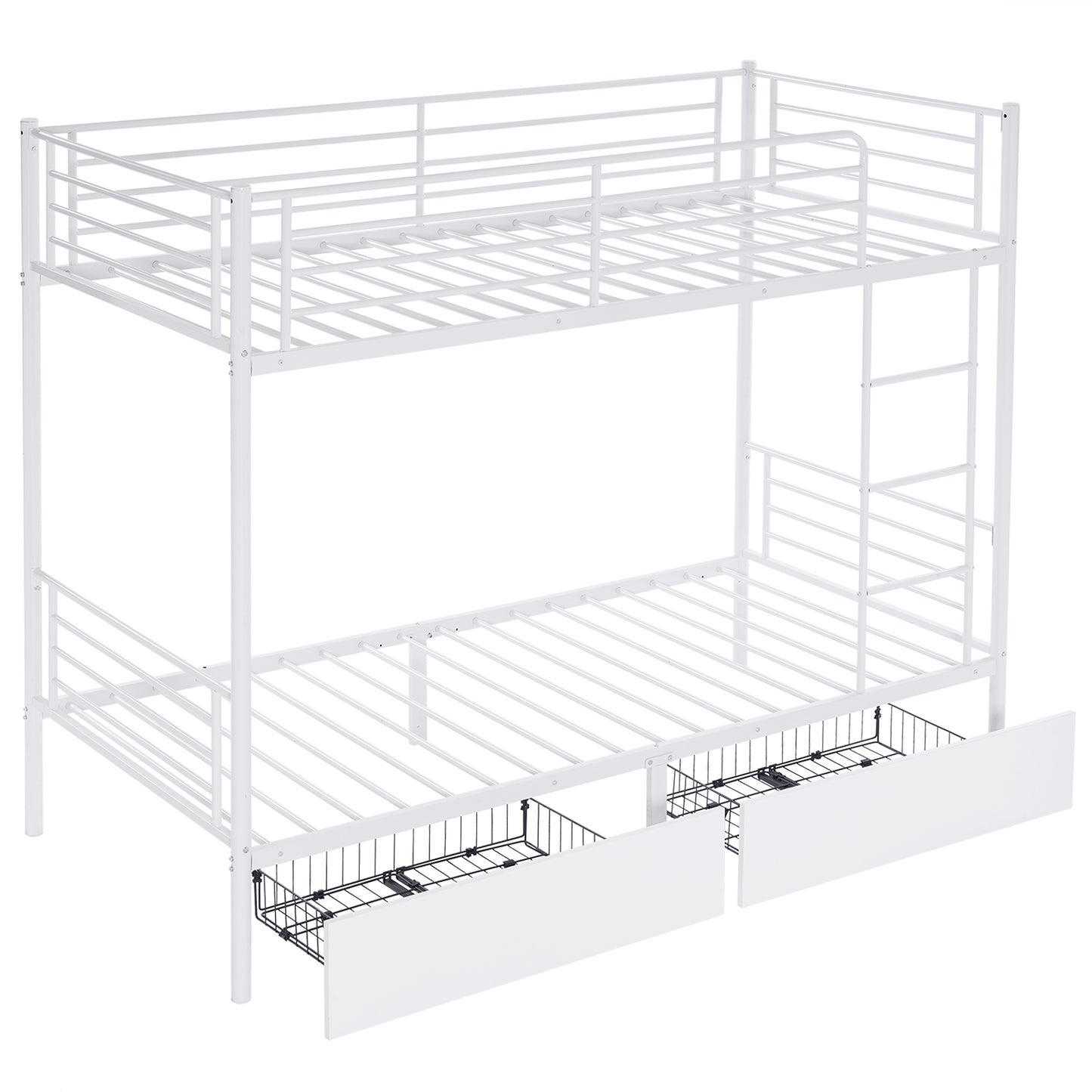 Twin Over Twin Bunk Bed with Two Storage Drawers & Full-Length Guard Rail, Heavy Duty Metal Bunk Bed for Kids Teens Adults, White