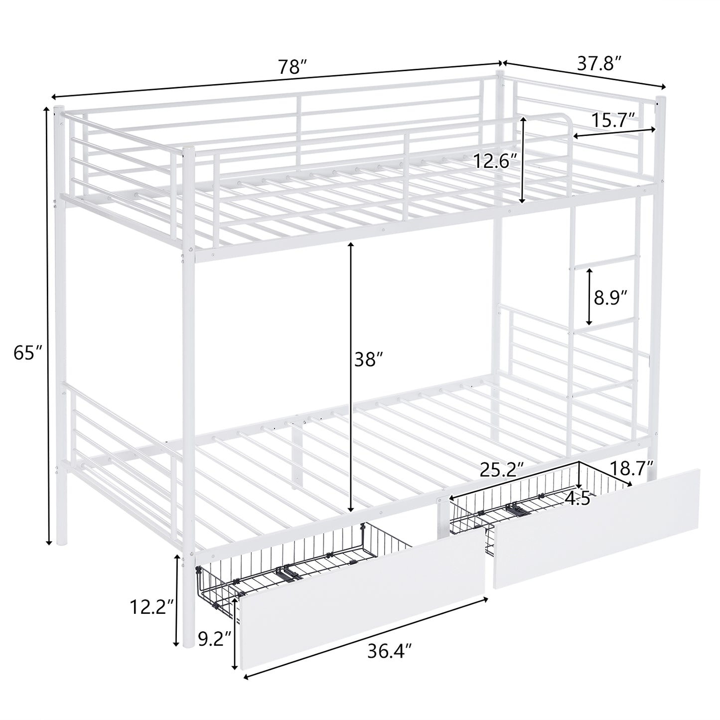 Twin Over Twin Bunk Bed with Two Storage Drawers & Full-Length Guard Rail, Heavy Duty Metal Bunk Bed for Kids Teens Adults, White