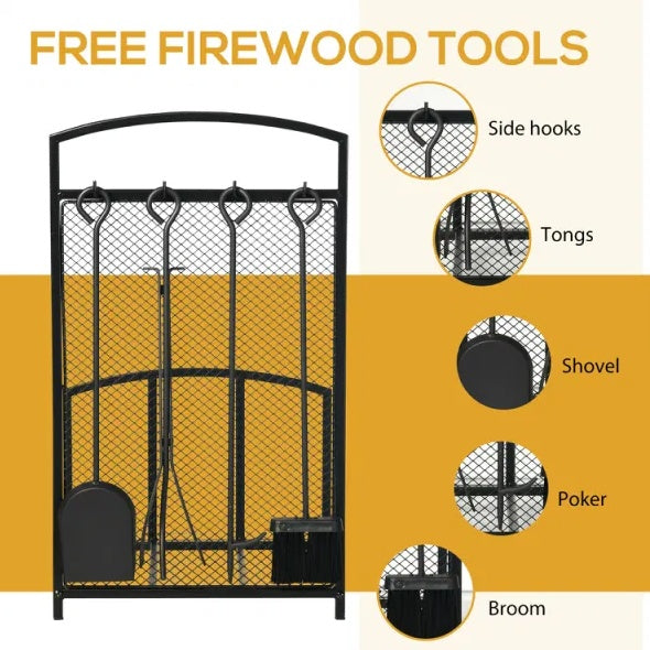 Black Firewood Rack with Fireplace Tools