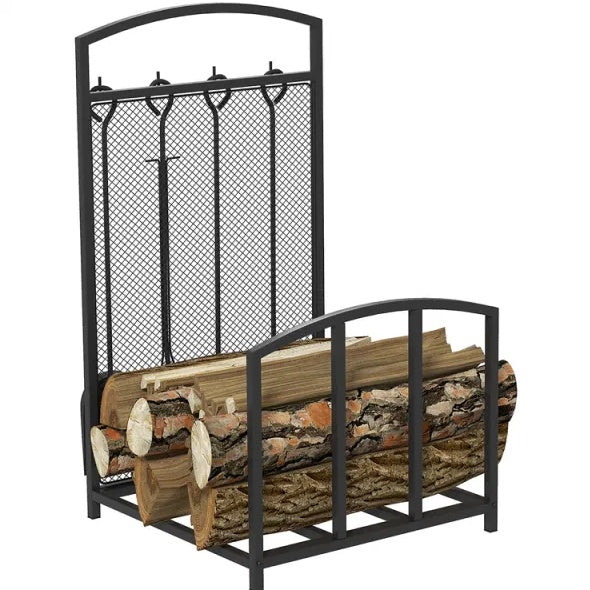 Black Firewood Rack with Fireplace Tools