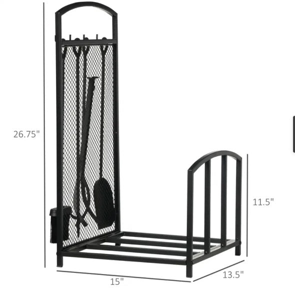 Black Firewood Rack with Fireplace Tools