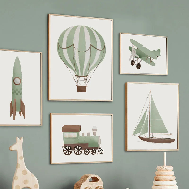 Sailboat Rocket Hot Air Balloon Plane Train Car Wall Art Canvas Prints