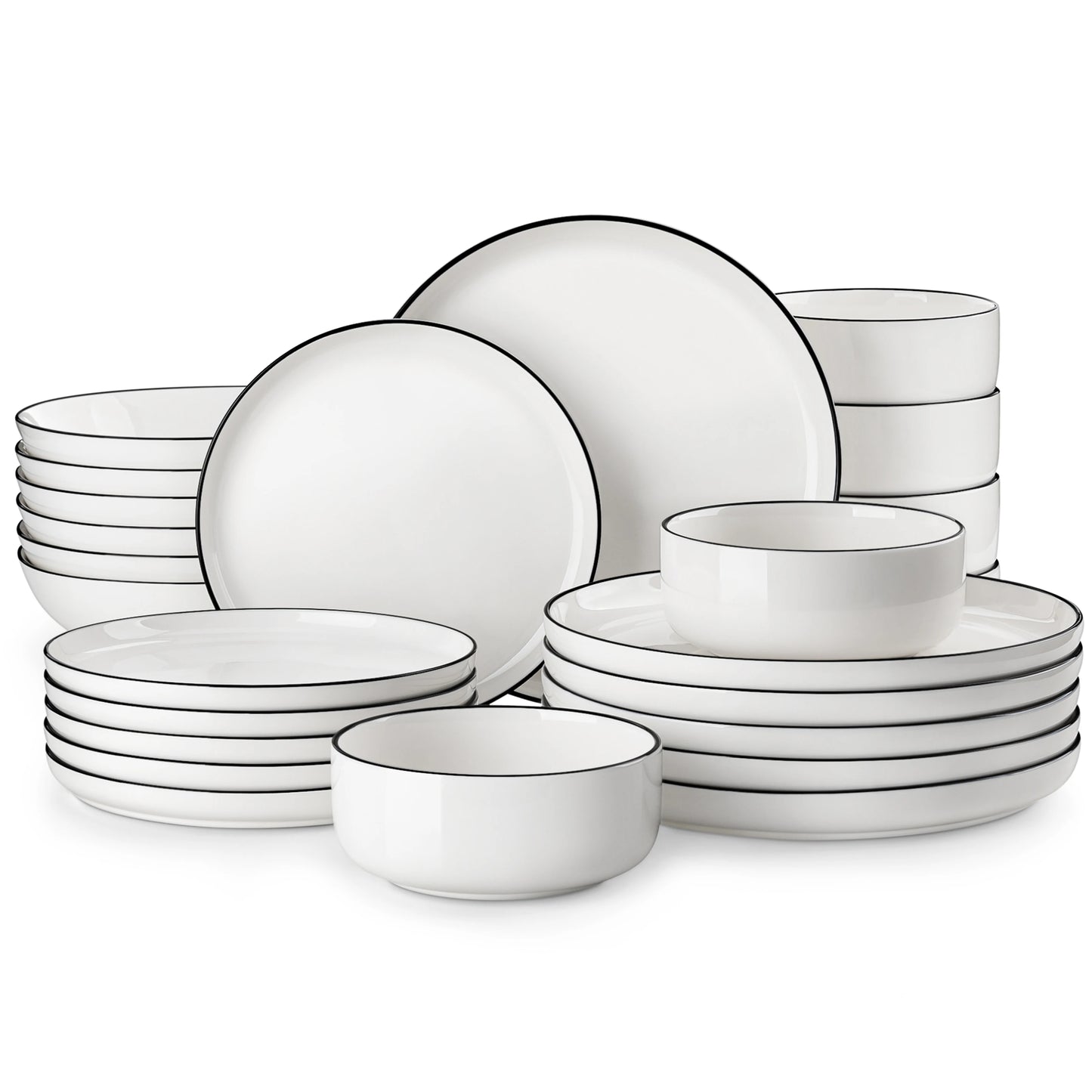 24/48 Piece Ceramic Plates with Black Rim Porcelain Dinnerware Set