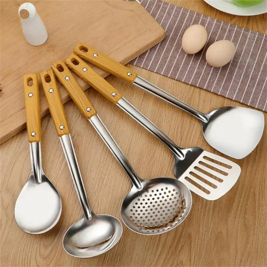 Wooden Handle Stainless Steel Pasta Strainer and Skimmer Spoon