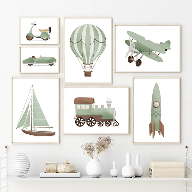 Sailboat Rocket Hot Air Balloon Plane Train Car Wall Art Canvas Prints