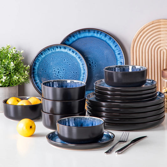 18/24PCS Black / Mediterranean Blue Ceramic Plate Sets