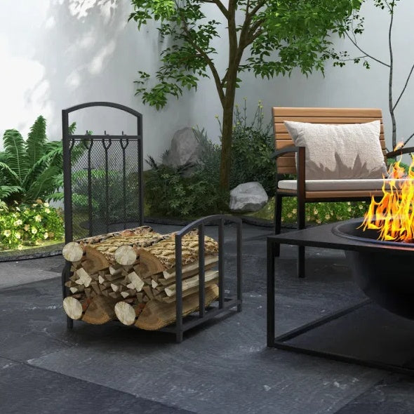 Black Firewood Rack with Fireplace Tools